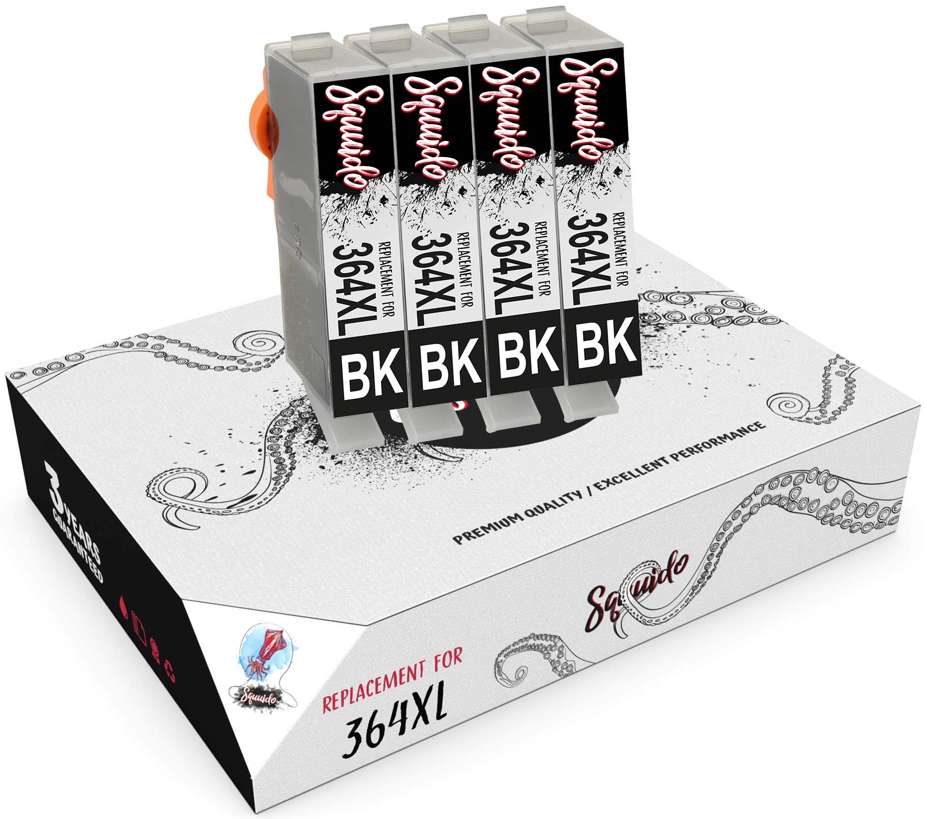 Squuido 4 black ink cartridges 364 XL 364XL compatible with HP Photosmart 5510 5514 5515 5520 6510 6520 B110a Photosmart Plus B209a B210a Deskjet 3070A 3520 OfficeJet 4610 4620 | High Capacity