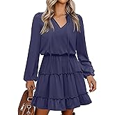 Caracilia Long Sleeve Dress for Women Fall 2025 Casual V Neck High Waist Tiered Ruffle Aline Swing Tunic Short Mini Dresses