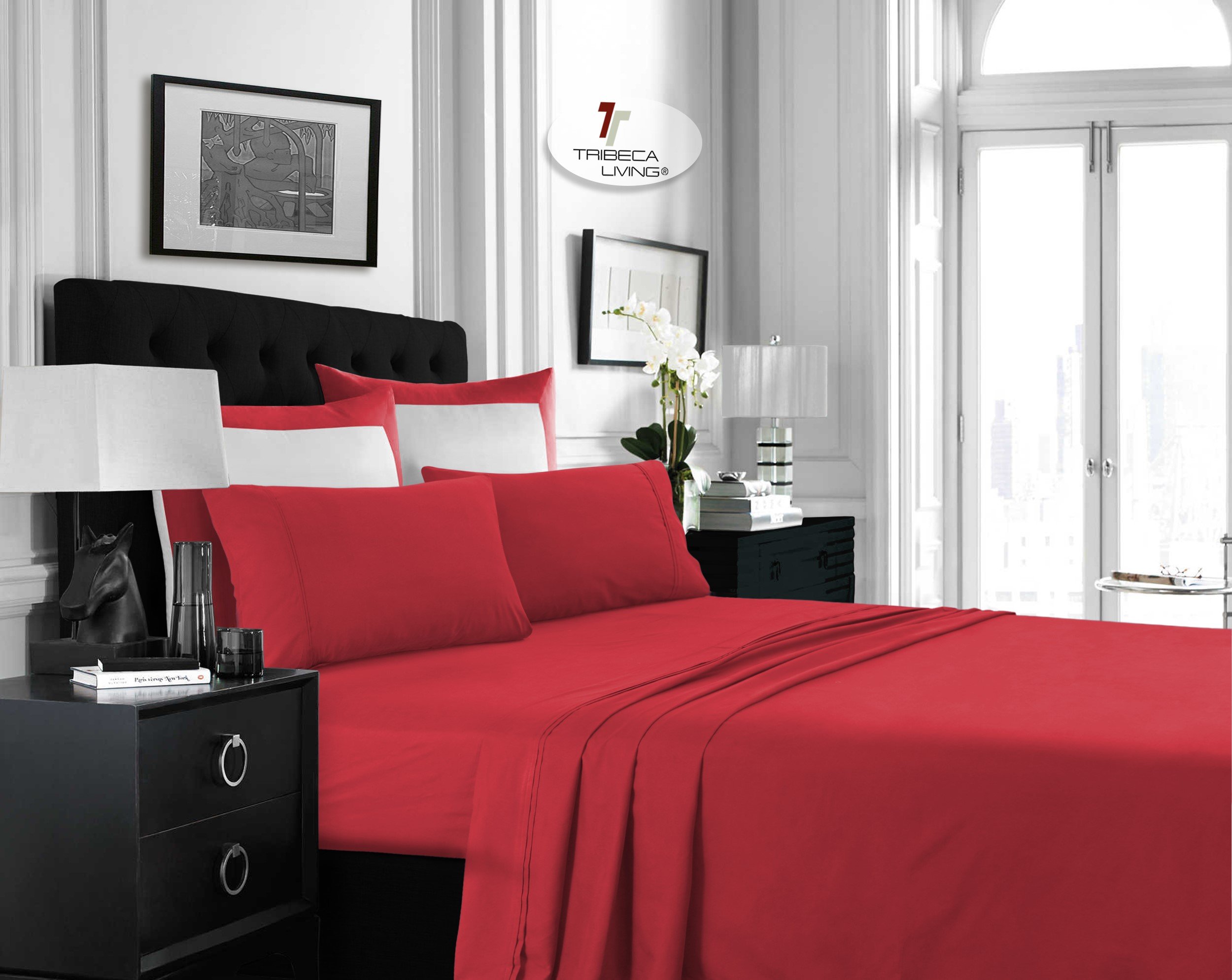 Tribeca Living 110-GSM Extra Deep Pocket Sheets – 4 PC Super Soft, Cooling, Durable, Fade and Wrinkle Resistant Brushed Microfiber, Elasticized Fitted Sheet with Wide Elastic, Twin Deep Red