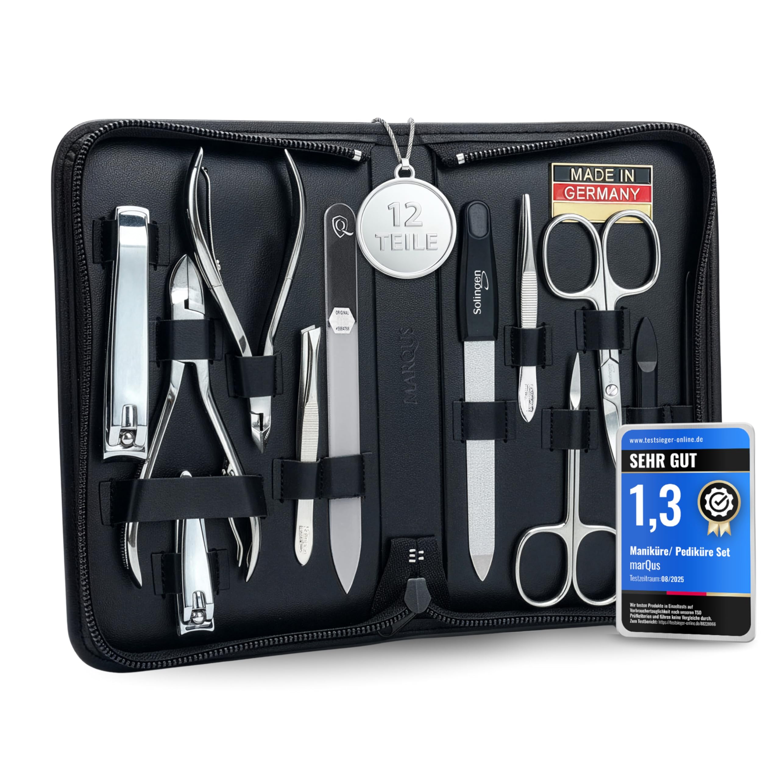 Solingen Manicure Set for Women and Men - 12 pcs kit - Made in Germany incl. Nail nippers, Glass nailfile & Pedicure Tools - for Natural, Ceramic & Painted Nails, Black