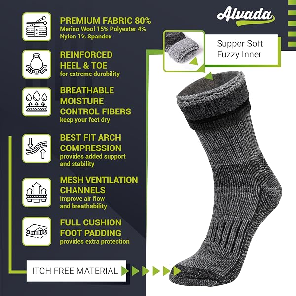 ALVADA WARM THERMAL WOOL SOCKS FOR WINTER MOISTURE WICKING AND BREATHABLE COZY BOOT SOCKS CHARCOAL LXL