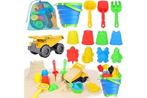 FEGALOP Beach Toys, 14Pcs Sand Toys with Construction Vehicle and Collapsible Beach Bucket, Animal Sand Mold Sets, Watering Can,Shovel Set with Mesh Bag,Summer Outdoor Play Travel Sandbox Gift for Boys Girls