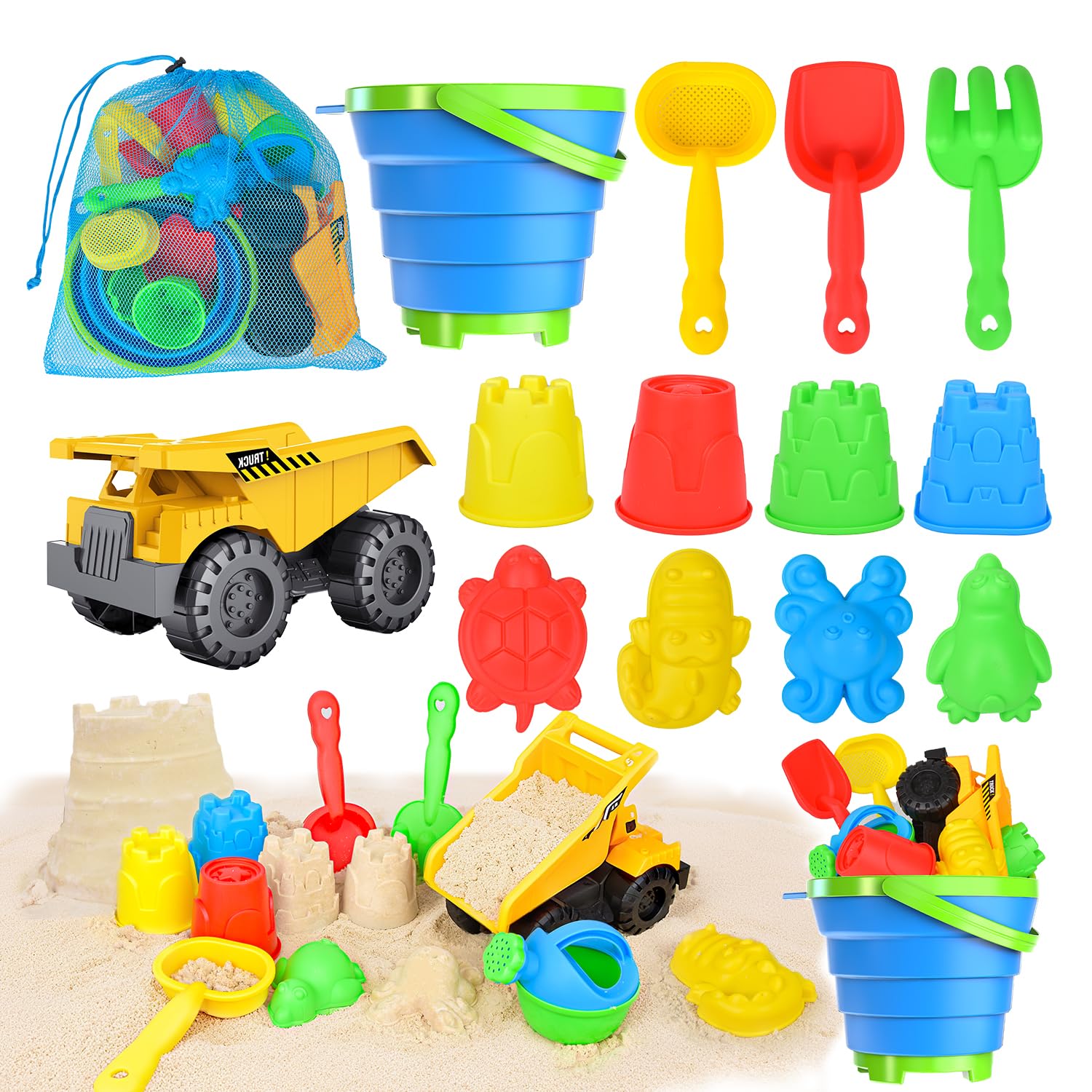 Beach Toys, 14Pcs Sand Toys with Construction Vehicle and Collapsible Beach Bucket, Animal Sand Mold Sets, Watering Can,Shovel Set with Mesh Bag,Summer Outdoor Play Travel Sandbox Gift for Boys Girls