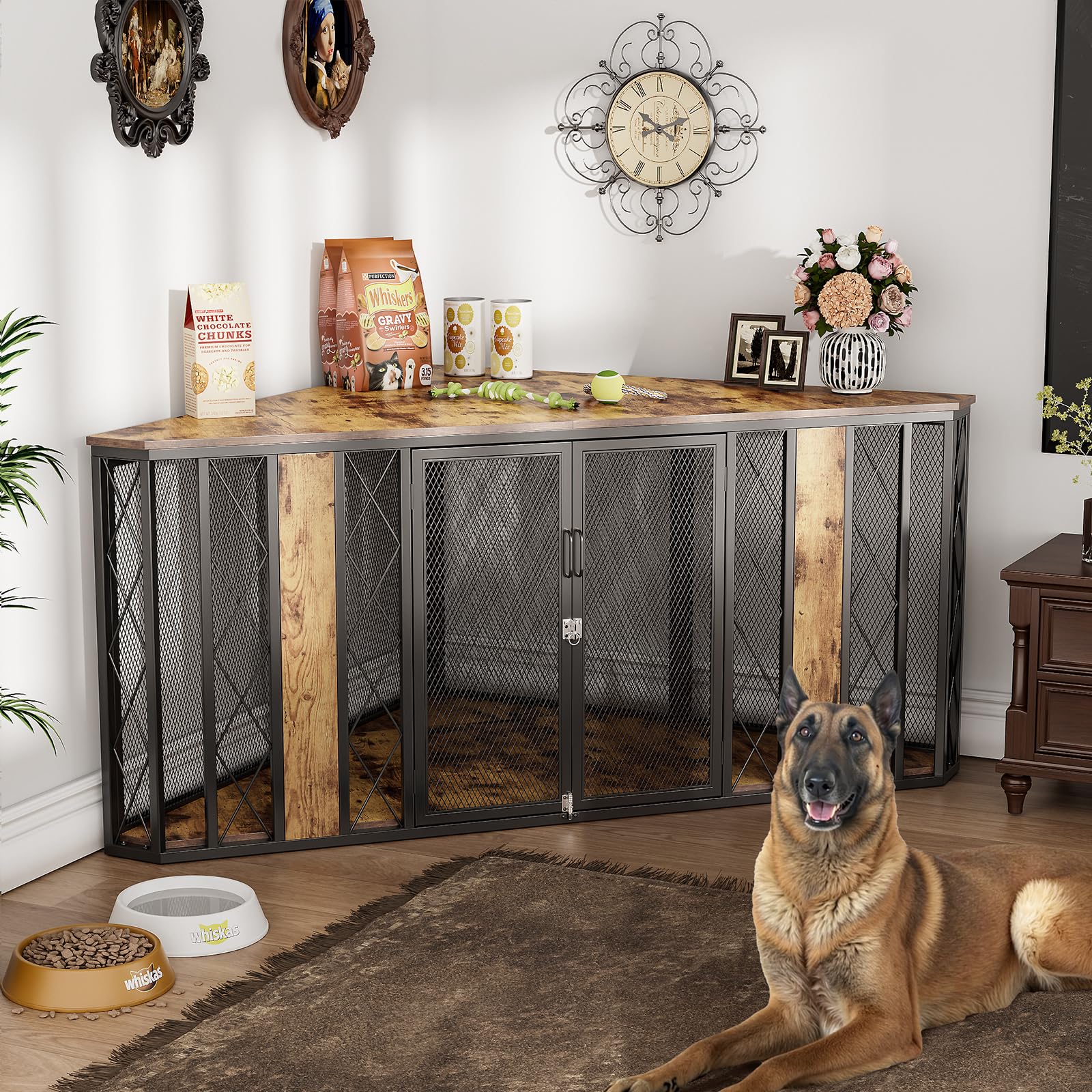 Photo 1 of **SELLING FOR PARTS**kepptory XL Corner Dog Crate Furniture, Decorative Dog Crates Dog Cage TV Stand with Diamond Metal Decoration, Wooden Dog Crate with Double Lock Design, Dog Crates Table, Retro Brown