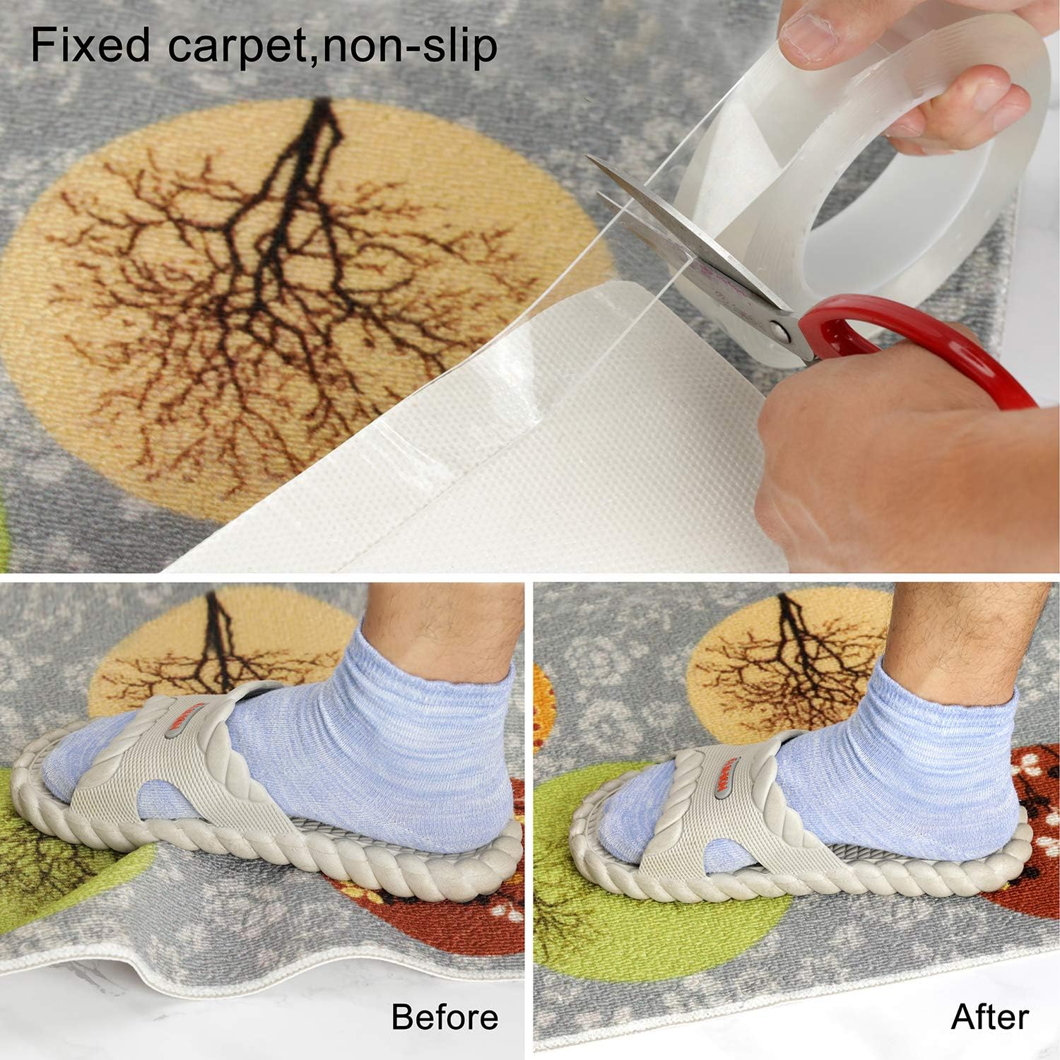 Double Sided Mounting Carpet Tape Heavy Duty, Traceless Washable Removable Strong Adhesive Rug Tape Gripper, Reusable Clear Anti Slip Gel Grip Tape : Office Products