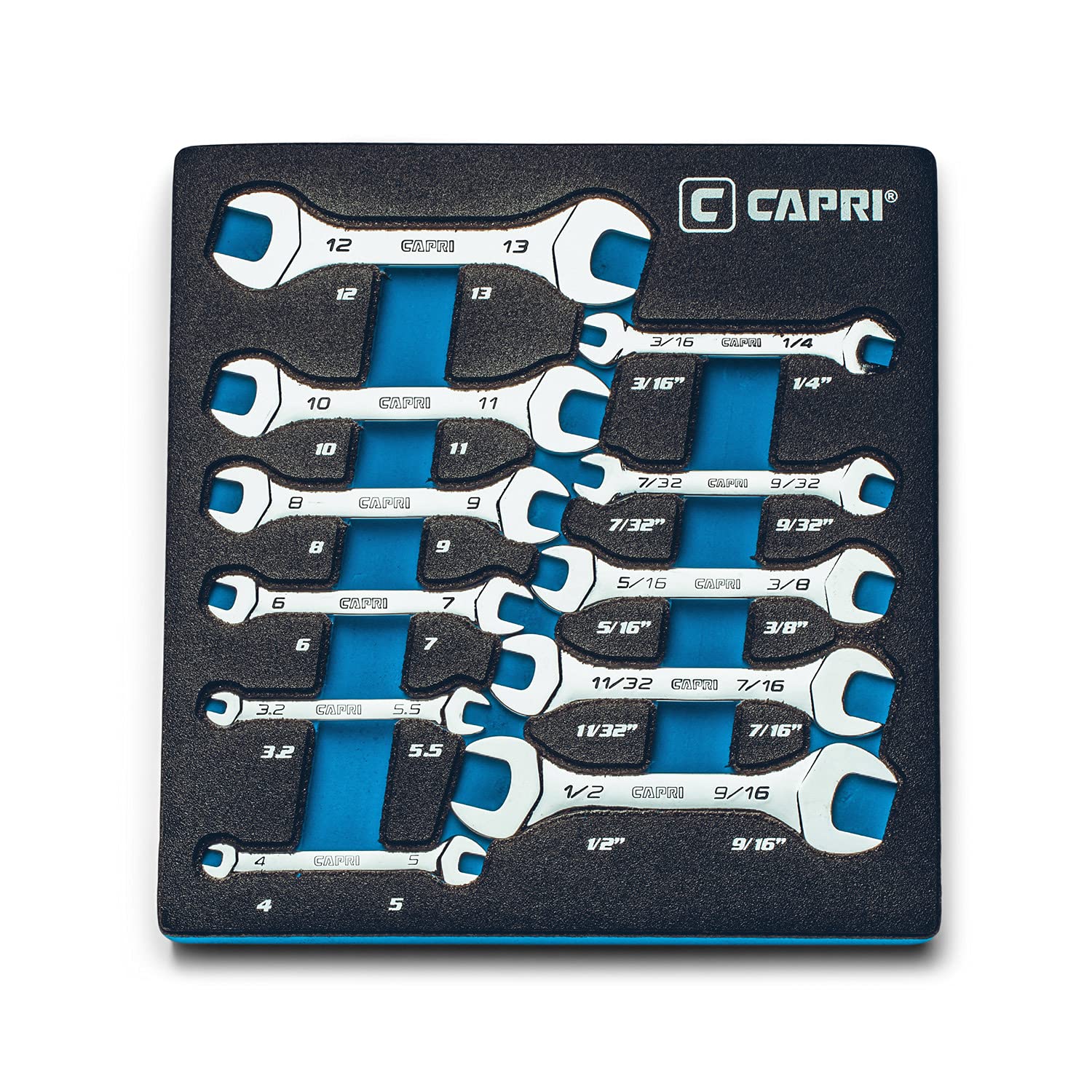 Capri Tools Slim Mini Open End Wrench Set with Mechanic's Tray, Metric and SAE, 3.2-13 mm and 3/16-9/16 in, 11-Piece