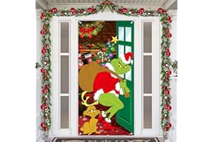 SIONOIUR Christmas Door Cover Decorations, Green Funny Cartoon Door Cover with Dog Green Fabric Backdrop Banner for Indoor Porch Front Door Winter Home Xmas Party Supplies