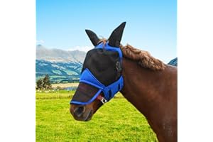 Horse Fly Mask-Full Face with Long Nose and Ears | UV Protection and Breathable Design | Suitable for Most Horses（Blue）