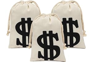Eoocan 3 Pack Canvas Natural Money Bag Pouch with Drawstring Closure for Toy Party Favor, 6.3 x 9 Inches Money Bags Dollar Sign for Bank Robber Pirate Cowboy Halloween Cosplay Theme Party