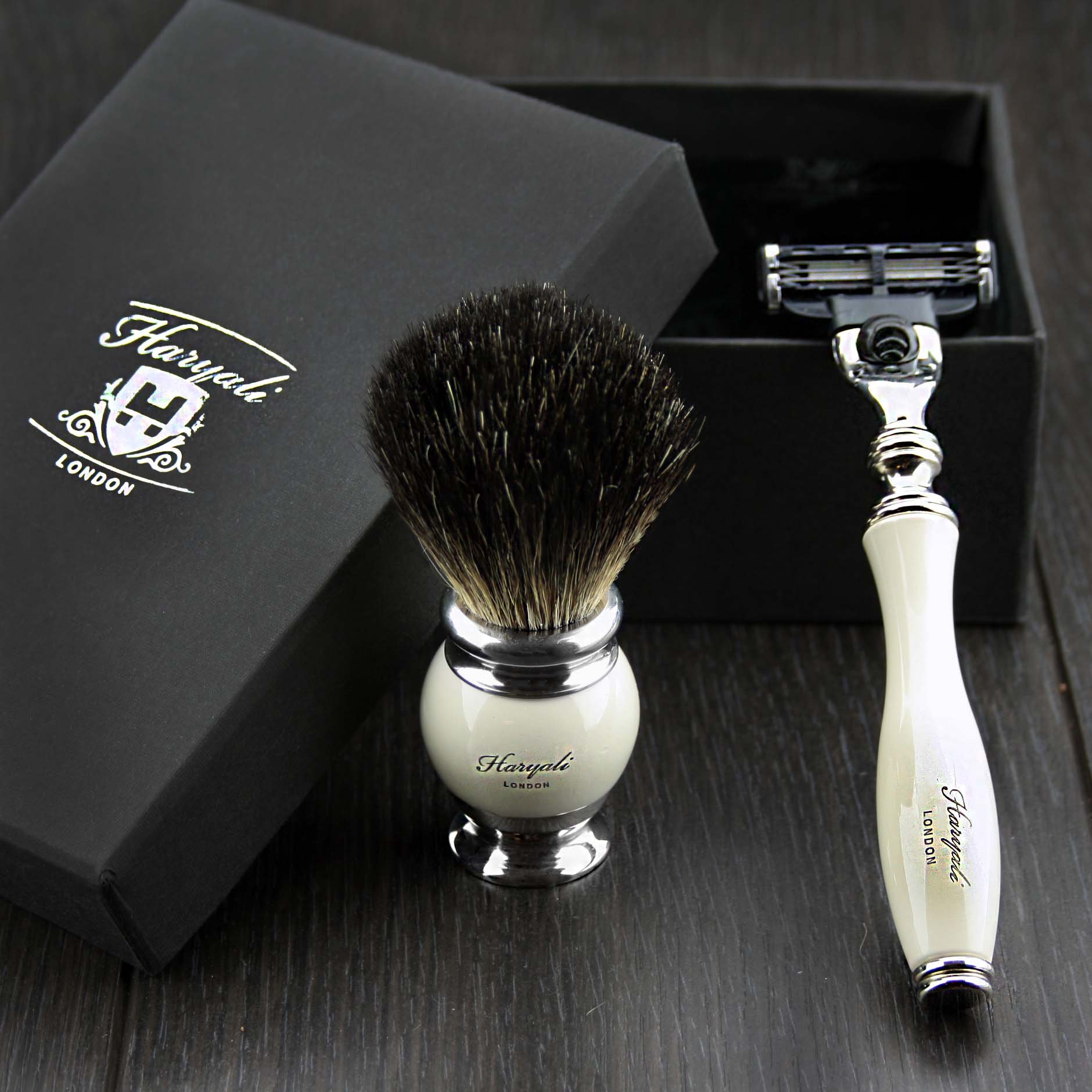 Haryali 2 Pc Mens Shaving Set in Ivory with 3 Edge Shaving Razor and Black Badger Hair Brush Special Kit Comes in a Designer Box