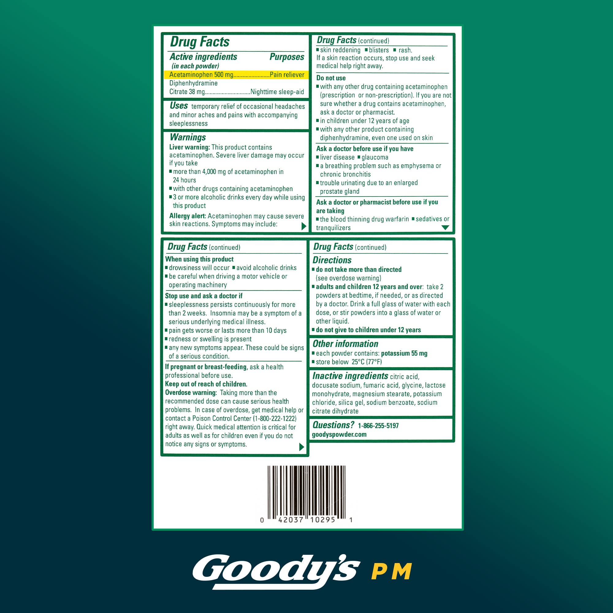 Goody's Nighttime Powder, Pain Reliever & Sleep Aid with Acetaminophen & Diphenhydramine Citrate, Caffeine Free, 16 Count
