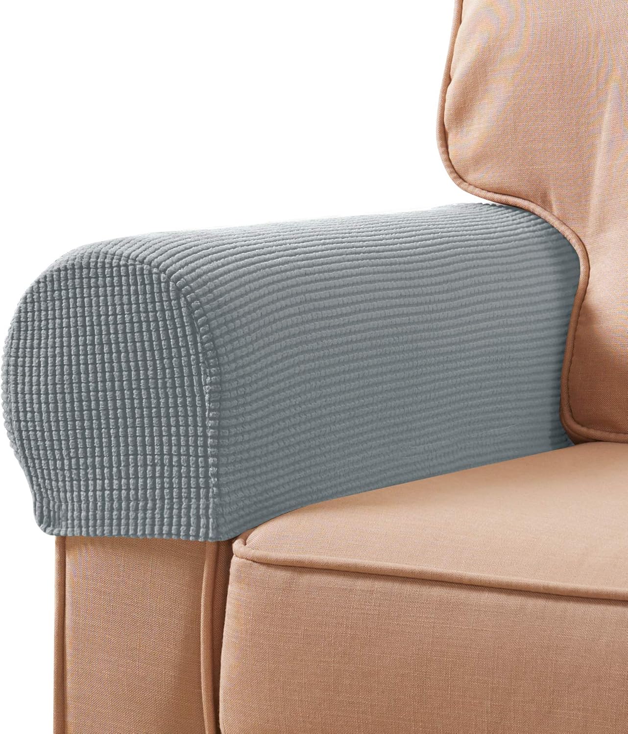 subrtex Spandex Stretch Fabric Armrest Covers Anti-Slip Furniture Protector Armchair Slipcovers for Recliner Sofa Set of 2 with Free Fixing Tools Twist Pins (Sand), 2pcs