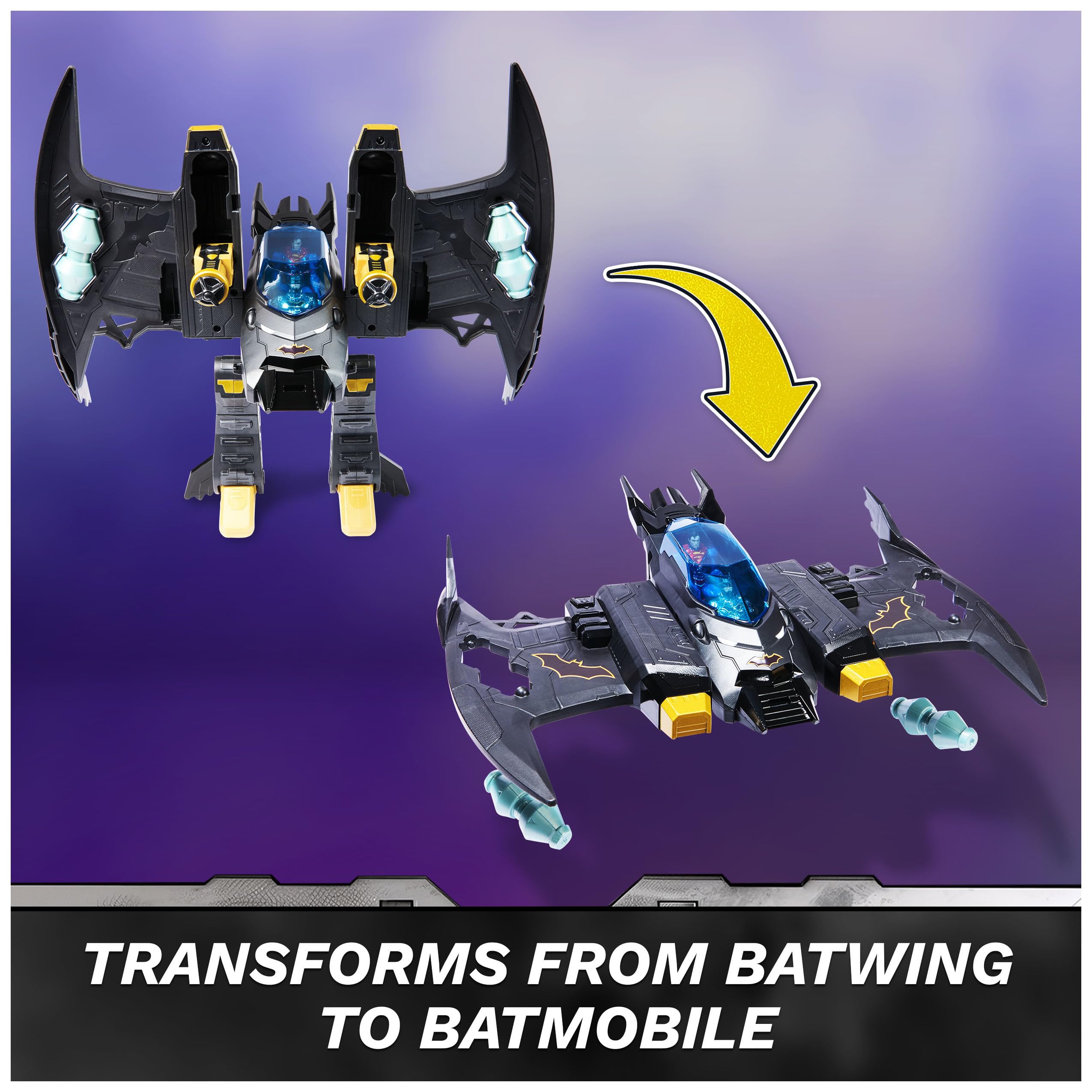 DC Comics, Metal Force Transforming Batwing, 2-in-1 Playset, Includes Batman and Superman Figures, with Projectiles and Character Cards, Kids Toy for Boys Ages 4 and Up