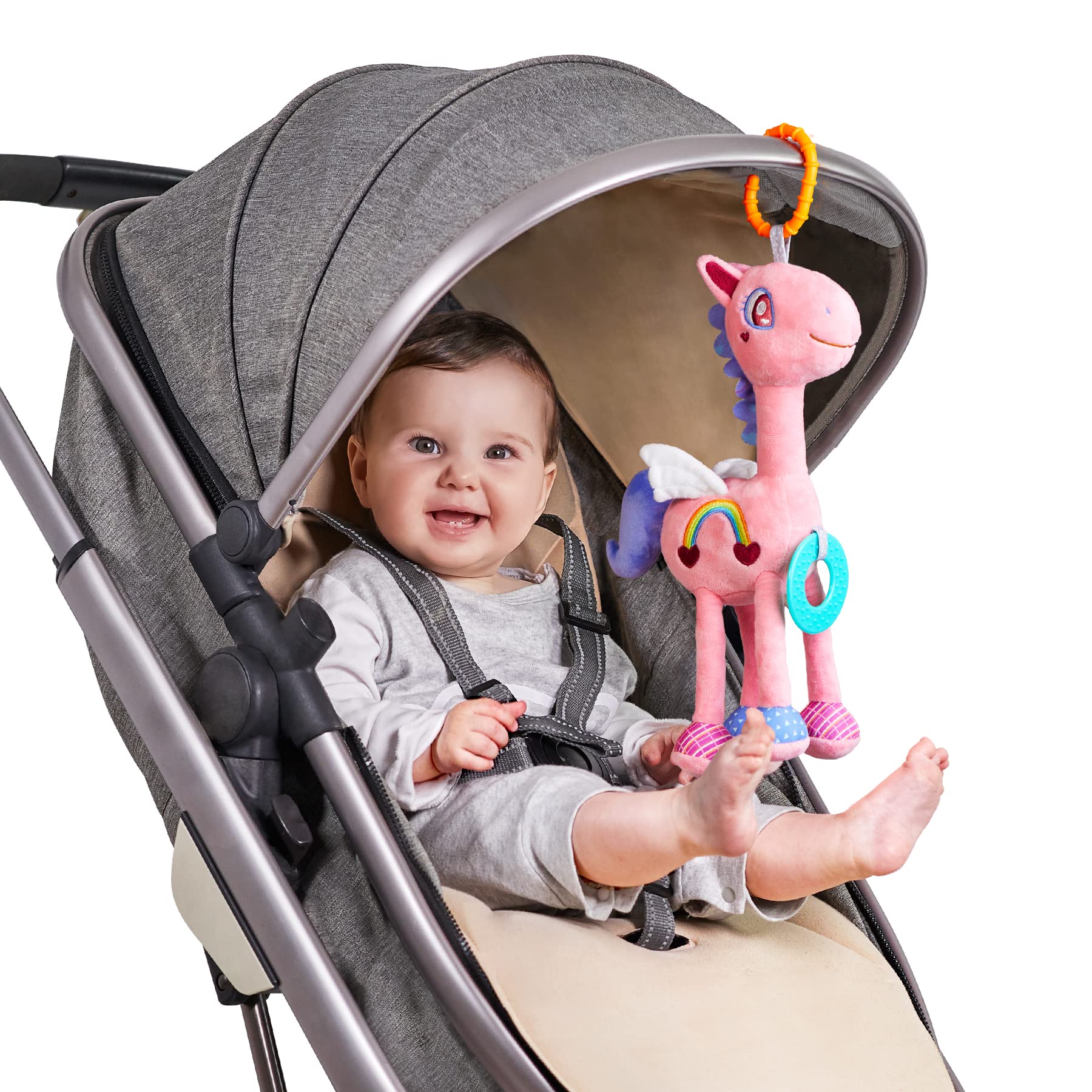 TUMAMA KIDS Baby Hanging Toy 0 3 6 9 12 Months, Car Seat Stroller Pram Hanging Toy,Baby Sensory Soft Toy,Pink Horse Plush Animal Rattle Toys Gift for Newborn Toddlers Boys Girls — image 1