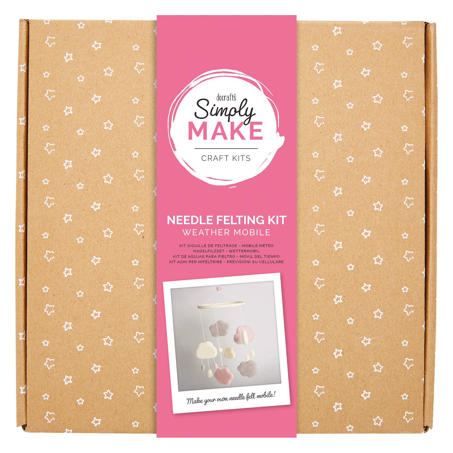 Simply Make Needle Felting Kit - Weather Mobile Pink Design for Kids and Adults, Including Wool, Needles, and All Tools, Perfect for Adult Crafts and Beginners - Needle Felting Art & Craft Kit