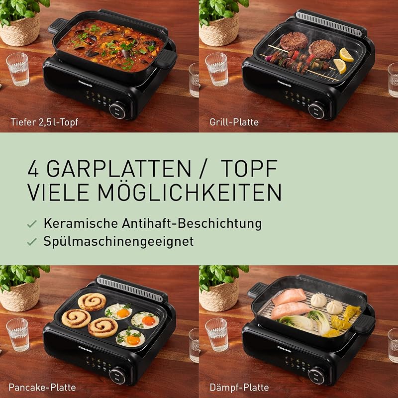 NF-GM400 4-in-1 Elektro-Multikocher, Elektro Tischgrill, Braten, Slow Cook, BBQ, Dämpfen, Sautieren, 1400W, 40–250°C, 9 Auto-Modi, 4 Antihaftplatten, Rauchabsaugung, Schwarz