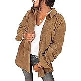 Saslax Womens Corduroy Shirt Long Sleeve Oversized Button Up V Neck Blouses Tops Loose Shacket Jacket
