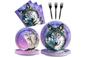 Wiooffen 96 Pcs Wolf Party Supplies Plates Napkins Forks Tableware Set Wolf Animal Birthday Disposable Dinnerware Decoration for Boys Girls Birthday Baby Shower, 24 Guests
