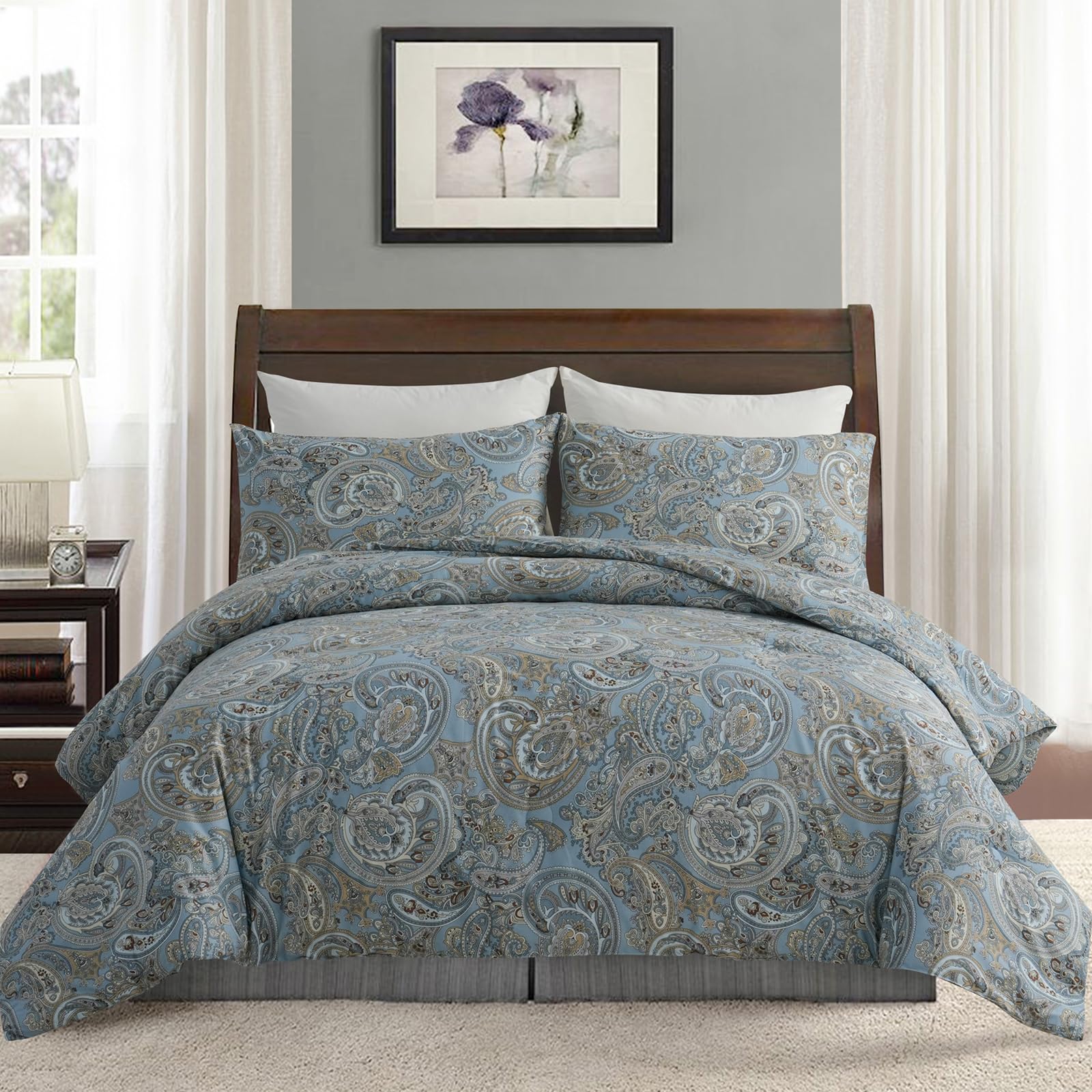 Photo 1 of Cozaline 100% Cotton Duvet Cover King Size Blue Boho Paisley Pattern Duvet Cover Sets with Zipper Closure 3 Pcs Soft & Breathable Luxury Bedding Sets