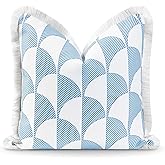 Hofdeco Premium Coastal Hampton Style Patio Indoor Outdoor Pillow Cover Only, 20"x20" Water Resistant for Backyard, Couch, Baby Blue Scale Motif Fringe