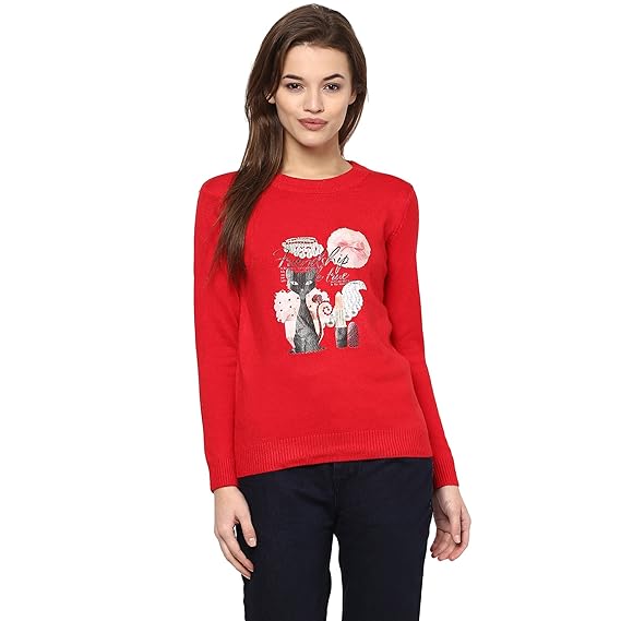 Women's Fashion Stretchy Round Neck Red Long Sleeve Pullovers Sweaters Top