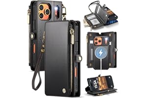 Defencase for iPhone 17 Pro Max Magnetic Wallet Case Compatible with Magsafe with RFID Blocking Zipper & Card Holder for Women Men PU Leather Strap Detachable Case for iPhone 17 Pro Max 6.9", Black