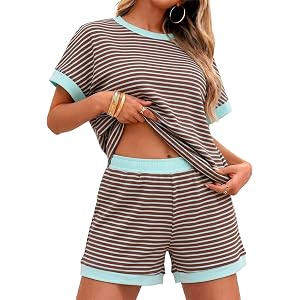 oncharm 2 Piece Lounge Sets for Women Summer Striped Waffle Knit Matching Sets Loungewear Cap Sleeve Top and Shorts Sets
