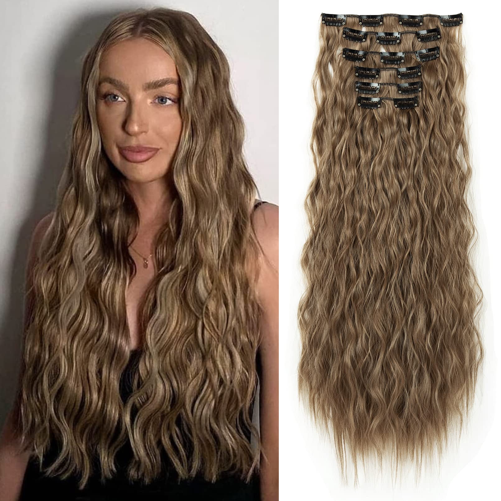 Photo 1 of LONAI Clip In Hair Extensions, 6PCS Curly 24" Long Synthetic Clip On Hairpiece For Women-Dark Ash Blonde with Hightlights