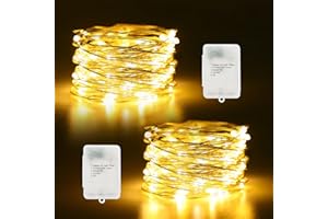 ECHOSARI Timer Fairy Lights Battery Operated 2 Pack 16.4Ft 50 LEDs Silver Copper Wire Twinkle String Lights with Timer 5 Lighting Modes for Christmas Bedroom Wedding Parties Holiday Decorations (Warm White)