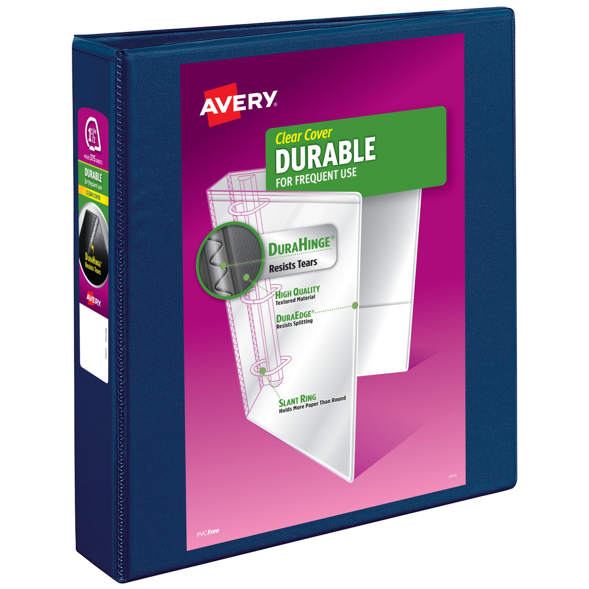 Avery(R) Durable View 3 Ring Binder, 1-1/2 Inch Slant Rings, 1 Blue Binder (17024)