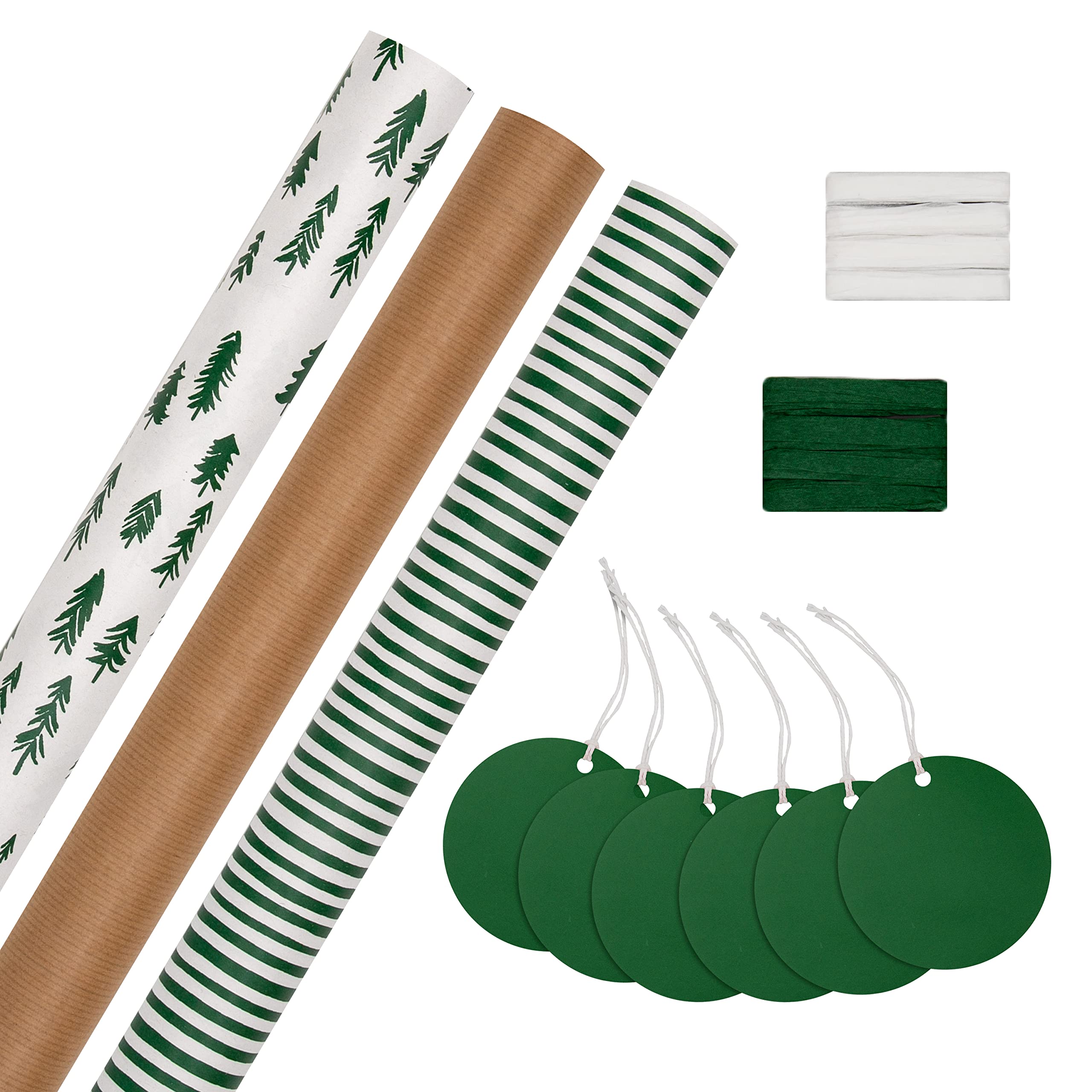 Hallmark Christmas Gifting Compendium, 3 Pack Wrapping Paper, 2M Each, 6 Gift Tags, 2 Raffia Ribbons, Rustic, Green, White Compendium Pack