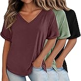 Huukeay 3 Pack Women's Oversized T Shirts, V Neck Loose Fit Rolled Sleeves Tops Shirts Summer Half Sleeves Tee(Black, Mint Green, Wine, XX-Large)