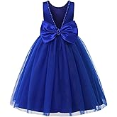 JerrisApparel Flower Girl Dress Sleeveless Tulle Skirt Pearl Trim Back Bow Wedding Party Gown