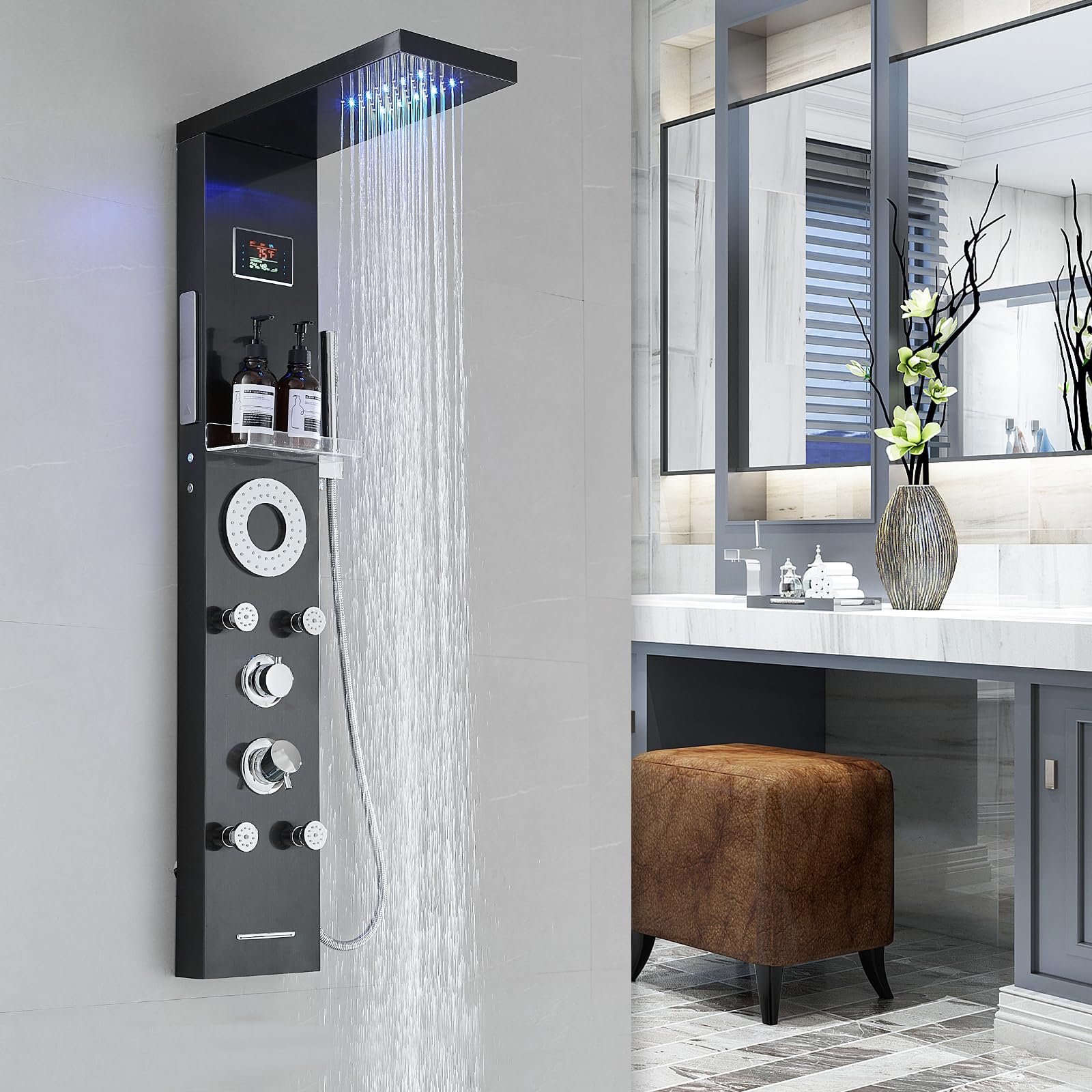 RUMOSE Matte Black Shower Panel Tower