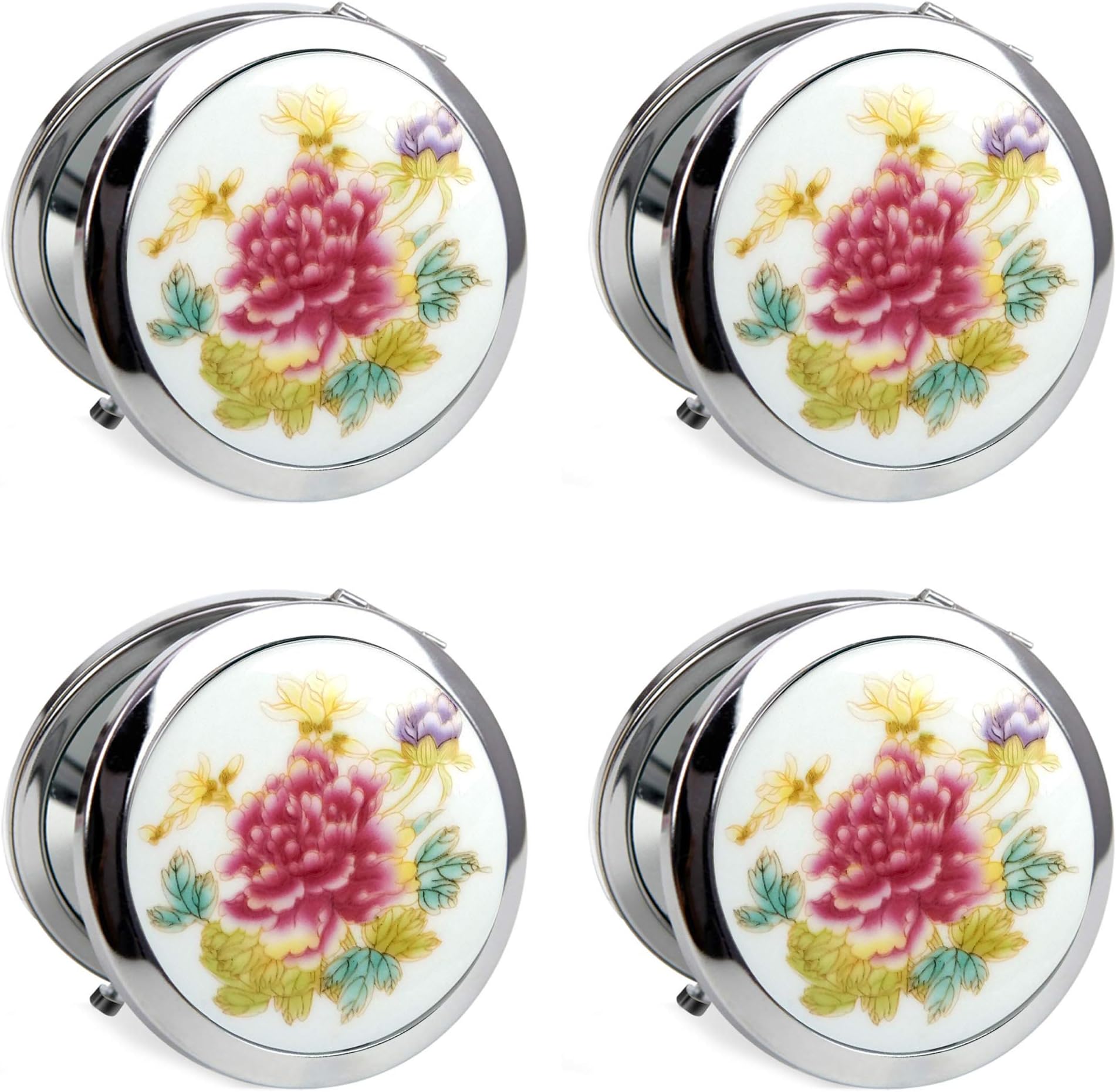 4PCS Ceramic Front Compact Mirror Cosmetic Tool Makeup Hand Mirror,Metal Frame Dual Sided,Chinese Vintage Wedding Favor Party Gifts Cute Perfect For Purse Travel,Dia. 2 3/4"