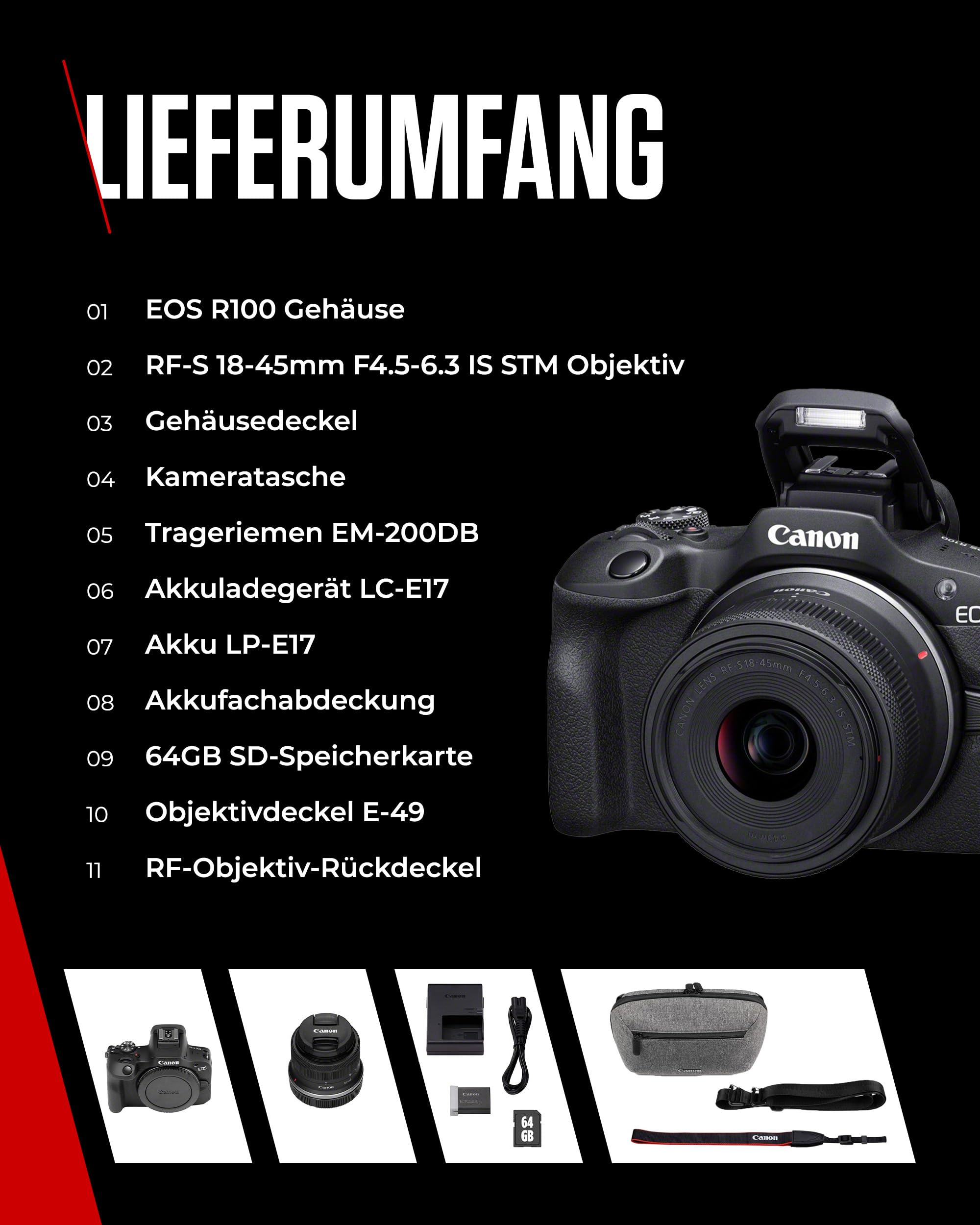 Canon EOS R100 + RF-S 18-45mm F4.5-6.3 is STM Objektiv + Kameratasche + 64GB SD-Karte (Spiegellose Digitalkamera, 4k Videokamera, 24,1 Megapixel, Bildstabilisator, Objektivsteuerring, WLAN) schwarz 8
