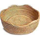 HITOMEN Handmade Rattan Bread Baskets Round Wicker Fruit Serving Storage Bowls, Natural Woven Decorative Kitchen Counter Organizing (Honey Brown) M-10.2"