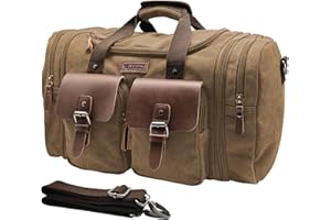 Wildroad 60L Travel Duffel Bag, Expandable Canvas Genuine Leather Duffle Bag Upgraded Overnight Weekender Bag Carry on Bag (Coffee, X Large-60L)