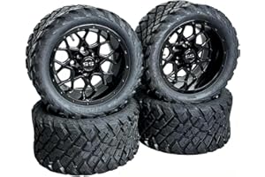 HUSKEY PARTS COMPANY 12 Inch Glossy Black Fusion Golf Cart Wheels & Tires Set of 4, 20x10-12 All Terrain Tires/Street Use, DOT Certified Golf Cart Wheels Compatible with EZGO, Club Car, YMH