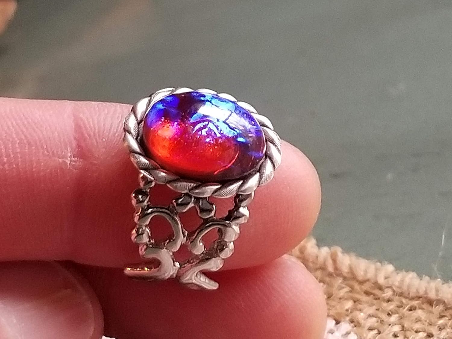 Jewelry Brilliant Red Glass Fire Opal Filigree Adjustable Ring Red Dragons Breath Fire Opal Ring Platinum Silverware Silver Twisted Rope Setting Plated Over Brass Handmade Products