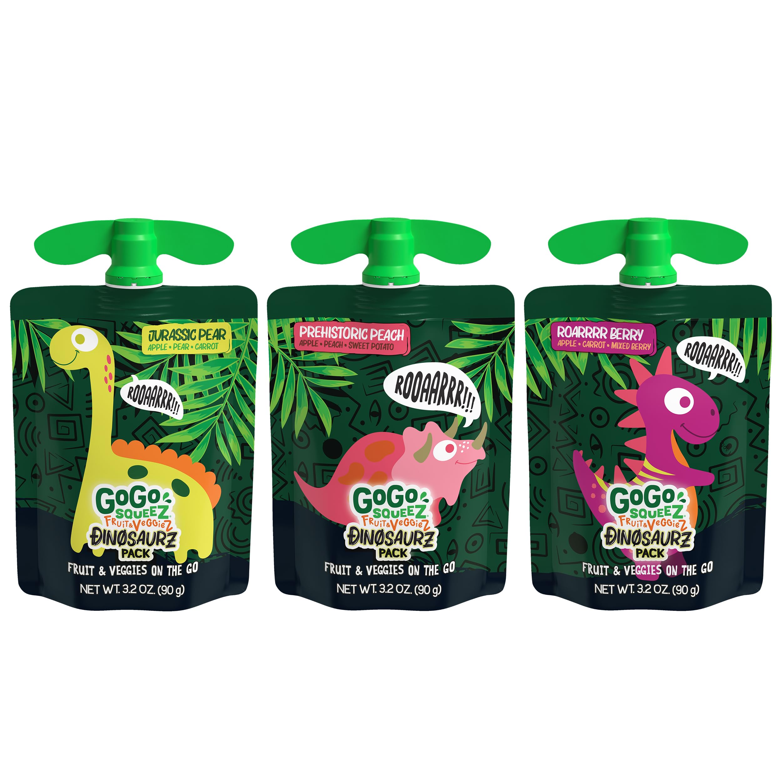GoGo squeeZ Fruit & veggieZ Applesauce and Puree Variety Pack, Jurassic Pear, Roarrrr Berry & Prehistoric Peach, 3.2 oz (Pack of 20), Unsweetened Snacks for Kids, BPA Free Pouches