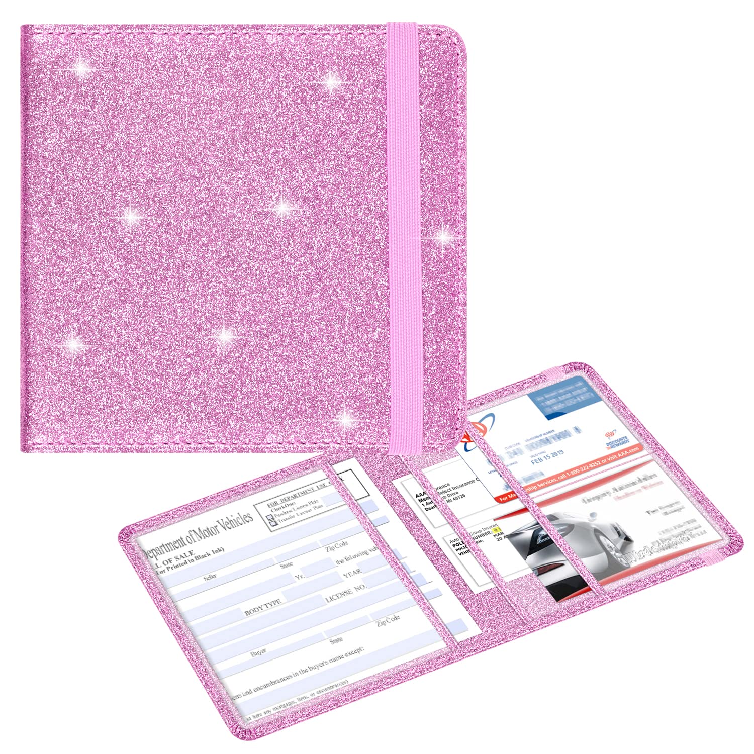 wisdompro Car Registration and Insurance Documents Holder - Premium PU Leather Vehicle Driving Licence Holder Paperwork Wallet Case Organiser for Vehicle Documents and Cards - Bling Pink