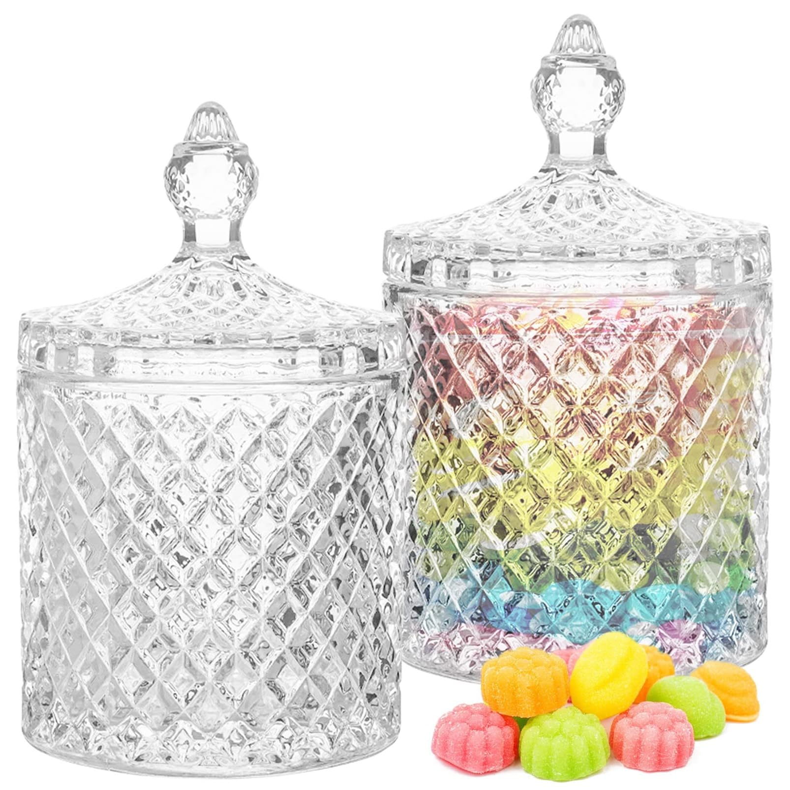 Pack of 2 Sweet Jars, Crystal Glass Sweet Jars with Lids, Decorative Dome Shaped Lid Storage Jars, Snacks Storage Container for Party (300ml)