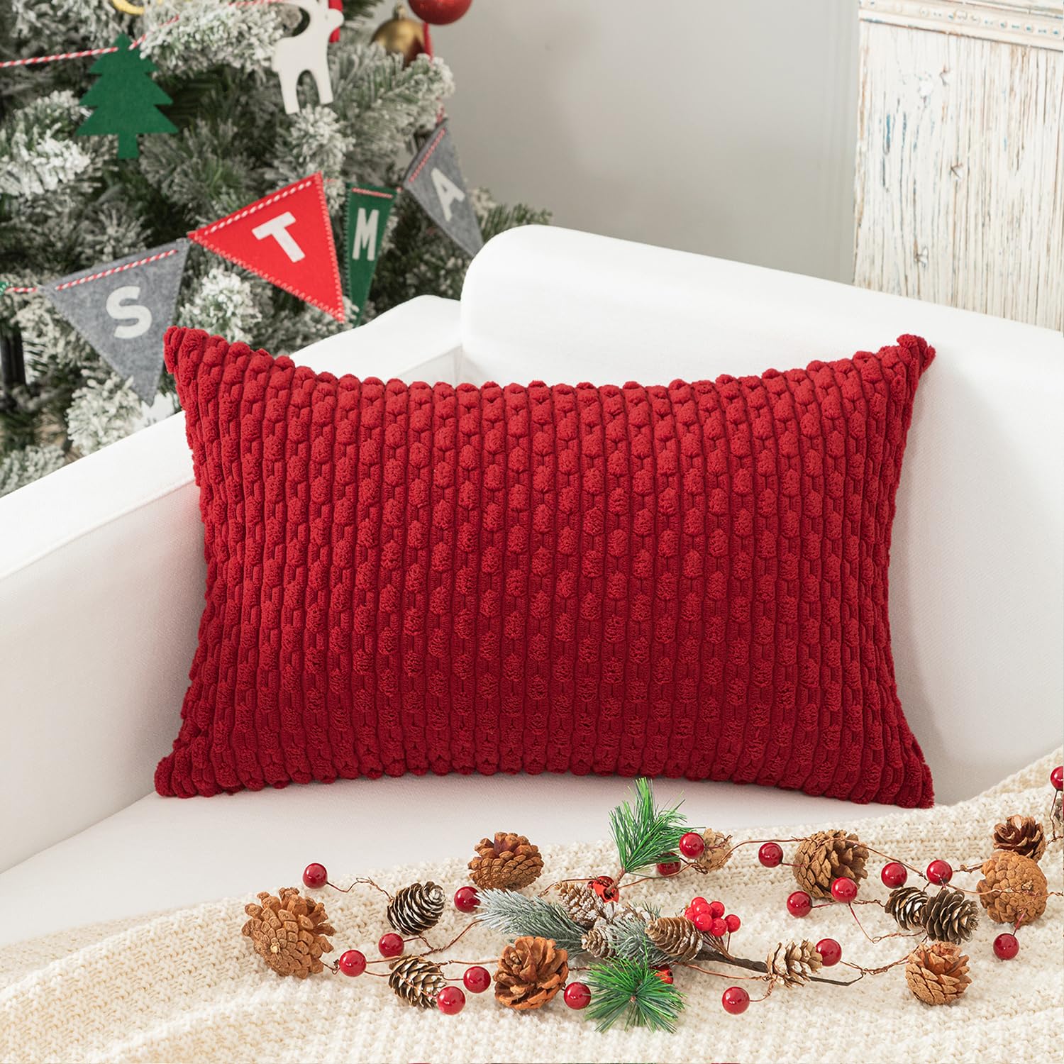 Photo 1 of Kevin Textile 14x24 Inch Pillow Cover 1 Pack Boho Christmas Decorative Soft Striped Corduroy Lumbar Farmhouse Color Accent Rectangle Cushion Case for Living Room Couch Sofa Bed, Red
