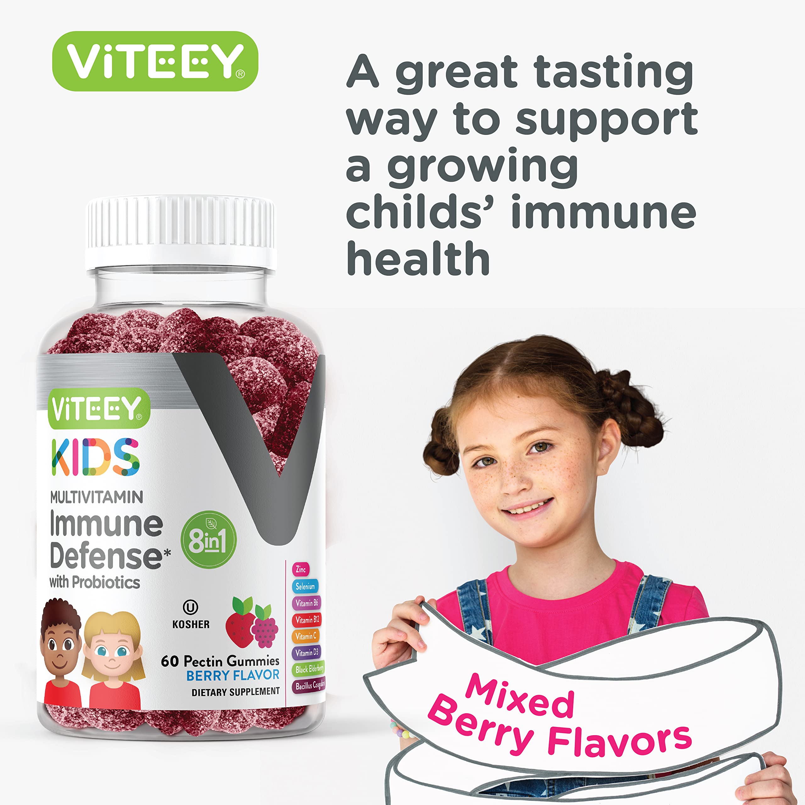 Kids Multivitamin Gummies with Probiotics - 8-1 Kids Vitamins for Immune Health Support with Vitamin C, D3, B12, B6, Zinc, Elderberry, Selenium - Vegetarian - Chewable Tasty Berry Flavored Gummy