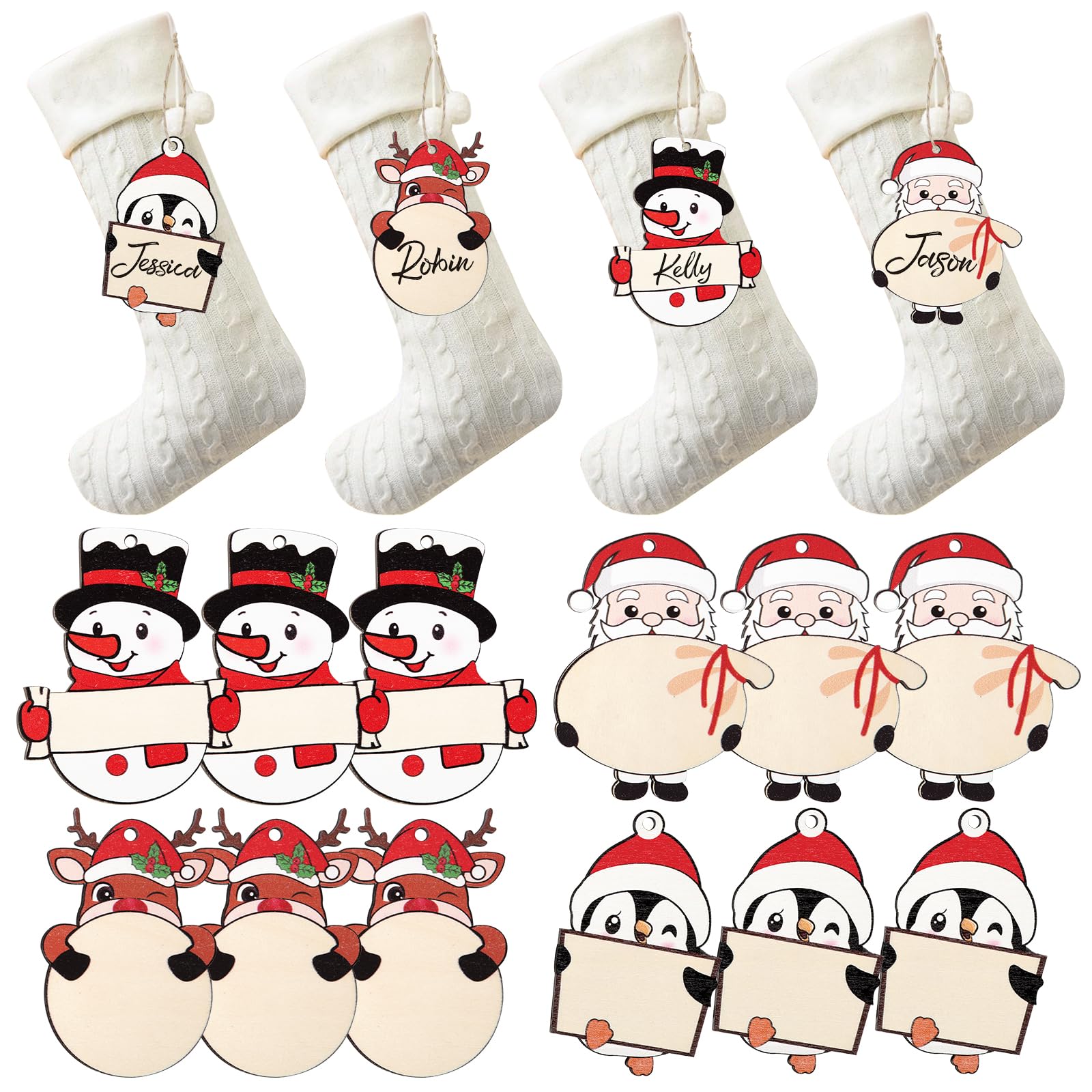 Photo 1 of 12 Pcs Name Tags for Christmas Stockings, Personalized Wooden Stocking Labels Gift Tags, Rustic Hanging Ornament Stocking Name Tags with 4 Different Designs for Christmas Tree Decorations