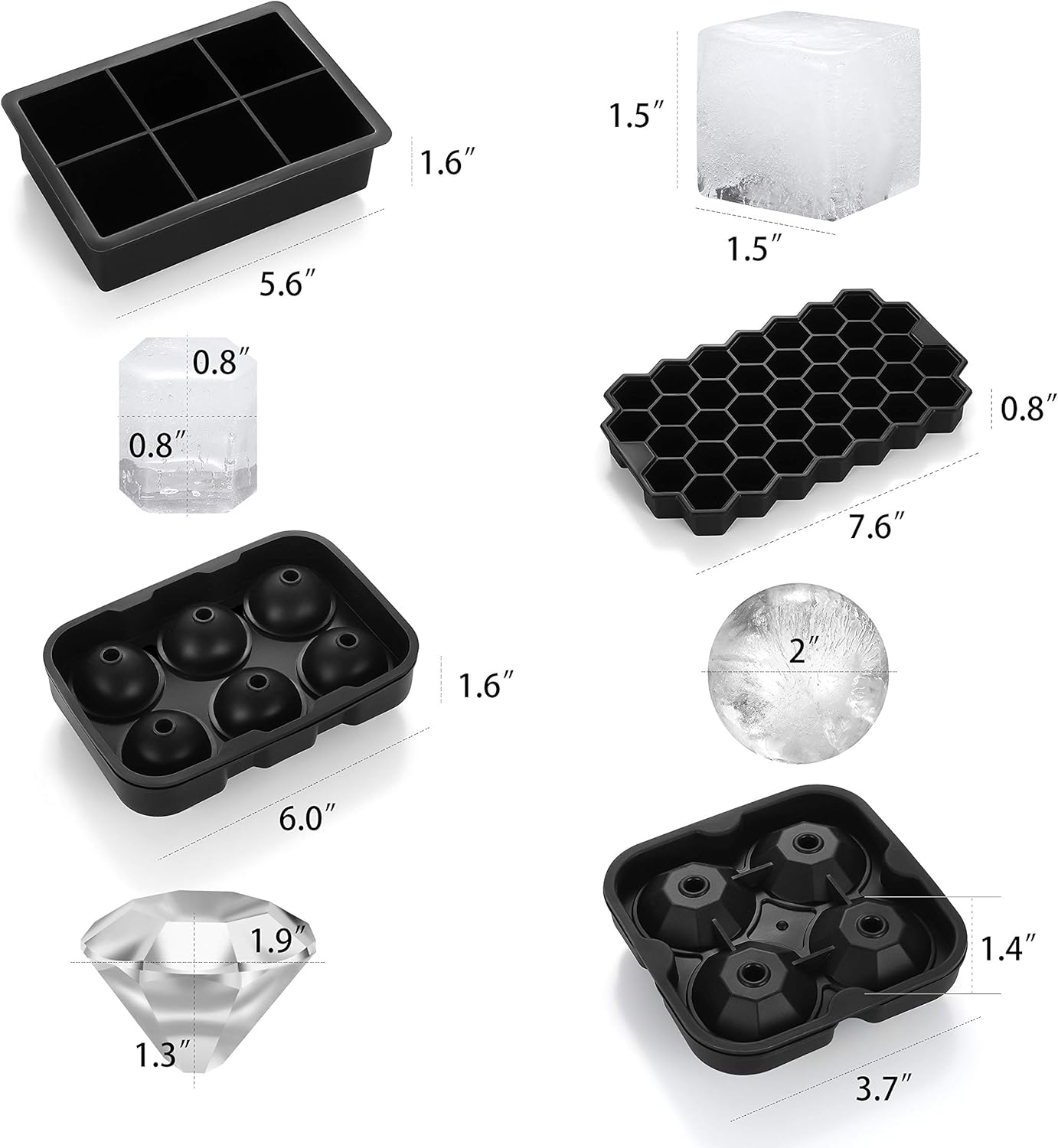 Ice Cube Tray, Silicone Ice Cube Molds for Freezer with Lid (Set of 4) - Sphere Ice Ball, Large Square, Diamond Cut & Hexagonal Shapes Ice Maker for Whiskey, Reusable and BPA Free: Kitchen & Dining