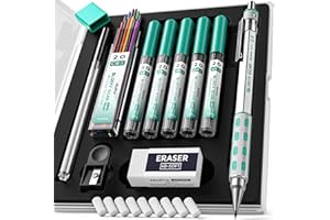 Nicpro Blocky Gear 2.0 mm Mechanical Pencils Set in Case, Metal Pencil with 6 Tubes 2mm Lead Refill (HB 2B 2H 4B 4H & Colors) Sharpeners, Eraser for Professional & Adult Art Writing Drafting Drawing