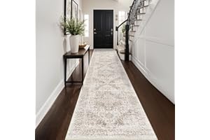 EISUROM Washable 2'6''x14' Runner Rug - Non-Slip Vintage Runner Rug for Entryway Low-Pile Medallion Long Rugs for Hallway Waterproof Traditional Runner Rugs Indoor Thin Rug for Kitchen (Cream/Beige)