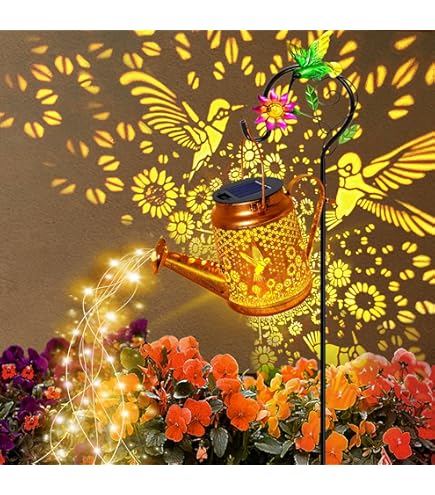 Solar Watering Can Lantern With Shepherd Hook - Outdoor Solar Lights With Cascading LED For Garden Decor